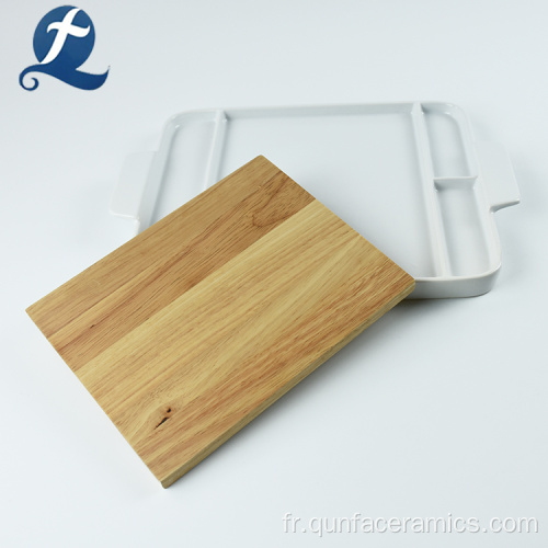 Assiette à dîner en céramique multifonctionnelle rectangulaire blanche en gros avec planche de bois